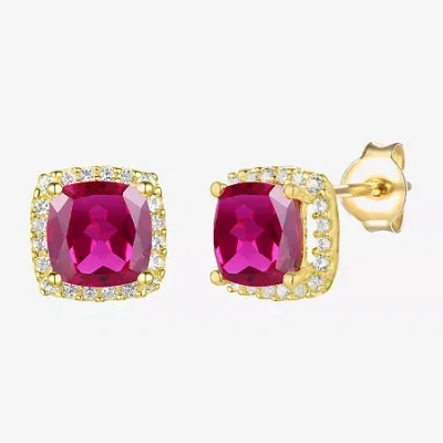 Fine Jewelry Lab Created Red Ruby 14k Gold Over Silver 6.5mm Cushion Stud Earrings In Transparent