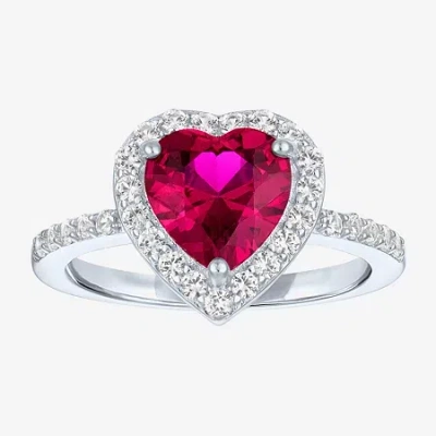 Fine Jewelry Womens Lab Created Red Ruby Sterling Silver Heart Halo Side Stone Cocktail Ring In Transparent