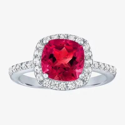Fine Jewelry Womens Gemstone Sterling Silver Halo Cushion Cocktail Ring In Red