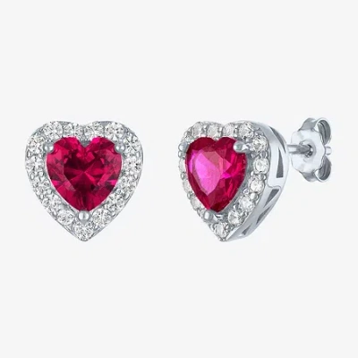 Fine Jewelry Lab Created Red Ruby Sterling Silver 10mm Heart Stud Earrings In Transparent