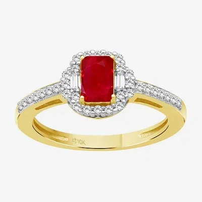 Fine Jewelry Womens Emerald-cut Gemstone & 3/8 Ct. T.w. Natural Diamond 10k Gold Halo Cocktail Ring In Red