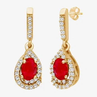 Fine Jewelry Womens Gemstone & 1/6 Ct. T.w. Natural Diamond 10k Gold Oval Drop Earrings In Red