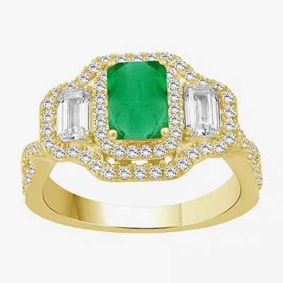 Fine Jewelry Womens 5 5/8 Ct. T.w. Genuine Green Emerald 10k Gold Halo Cocktail Ring In Yellow