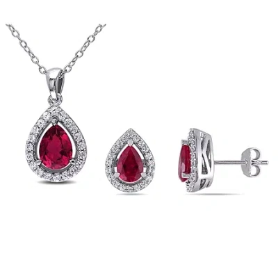 Fine Jewelry Lab-created Ruby & White Sapphire Earrings & Pendant Necklace 2-piece Set In Red