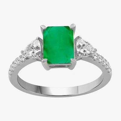 Fine Jewelry Womens 2 3/4 Ct. T.w. Genuine Green Emerald 10k White Gold 3-stone Cocktail Ring In White