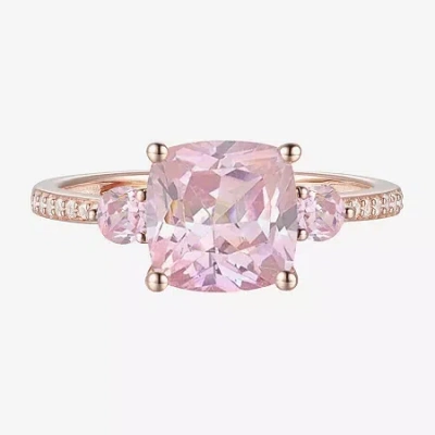 Fine Jewelry Womens Lab Created Pink Sapphire 14k Rose Gold Over Silver Cushion 3-stone Side Stone Cocktail Ring In Transparent