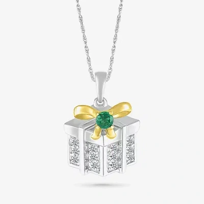 Fine Jewelry Christmas Present Womens Lab Created Green Emerald 10k Two Tone Gold Over Silver 18 Inch Pendant Nec In Transparent