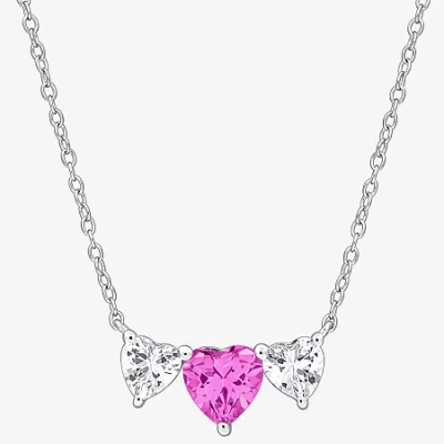 Fine Jewelry Womens Lab Created Pink Sapphire Sterling Silver Heart 17 Inch Pendant Necklace In Transparent
