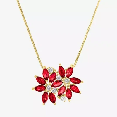 Fine Jewelry Womens Gemstone Sterling Silver Flower Pendant Necklace In Red