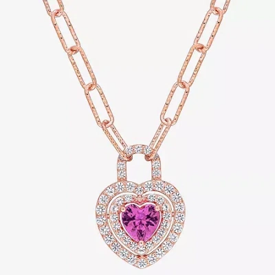 Fine Jewelry Womens Lab Created Pink Sapphire 18k Rose Gold Over Silver Heart 16 Inch Pendant Necklace In Transparent