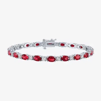Fine Jewelry Gemstone Sterling Silver Oval 7.5 Inch Tennis Bracelet In Red