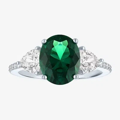 Fine Jewelry Womens Simulated Green Emerald Sterling Silver Oval Side Stone Cocktail Ring In Transparent