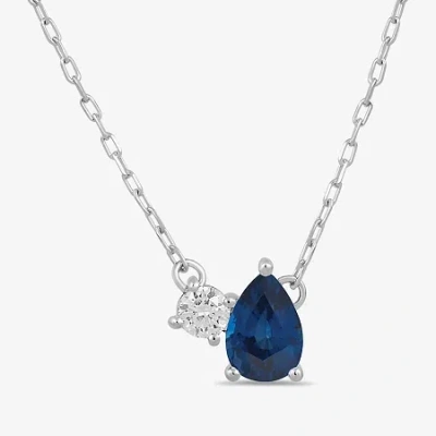 Fine Jewelry Toi Et Moi Womens Genuine Gemstone & 1/10 Ct. T.w. Lab Grown Diamond 10k White Gold Pear Pendant Nec In Blue