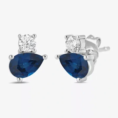 Fine Jewelry Toi Et Moi Genuine Gemstone & 1/5 Ct. T.w. Lab Grown Diamond 10k White Gold 8.1mm Pear Stud Earrings In Blue