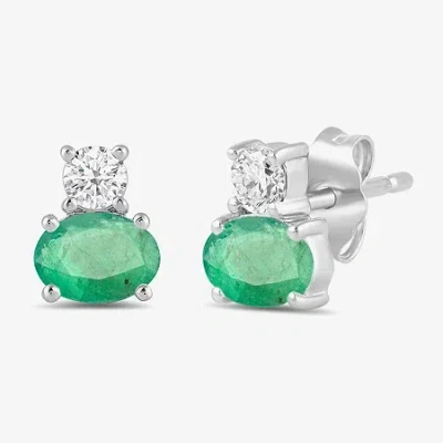 Fine Jewelry Toi Et Moi Genuine Gemstone & 1/5 Ct. T.w. Lab Grown Diamond 10k White Gold 7.2mm Oval Stud Earrings In Green