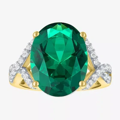 Fine Jewelry Womens Simulated Green Emerald 14k Gold Over Silver Oval Side Stone Cocktail Ring In Green