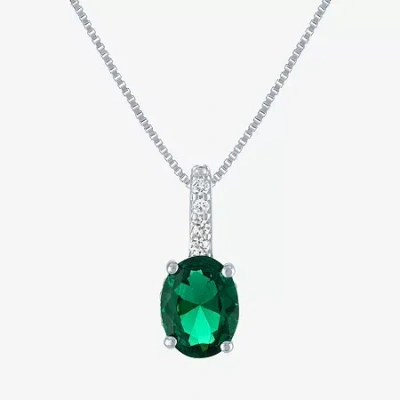 Fine Jewelry Womens Lab Created Green Emerald Sterling Silver Oval 18 Inch Pendant Necklace In Transparent