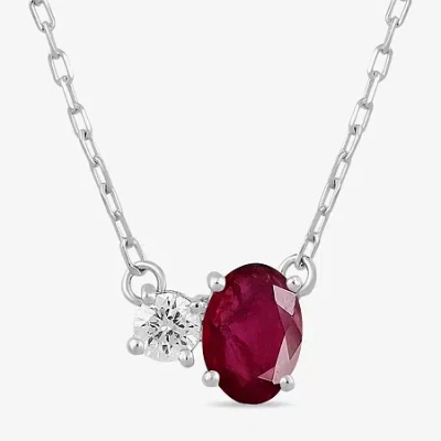Fine Jewelry Toi Et Moi Womens Genuine Gemstone & 1/10 Ct. T.w. Lab Grown Diamond 10k White Gold Oval Pendant Nec In Red