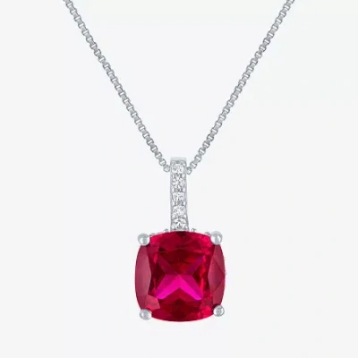 Fine Jewelry Womens Lab Created Red Ruby Sterling Silver Cushion 18 Inch Pendant Necklace In Transparent