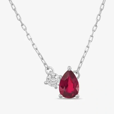 Fine Jewelry Toi Et Moi Womens Genuine Gemstone & 1/10 Ct. T.w. Lab Grown Diamond 10k White Gold Pear Pendant Nec In Red