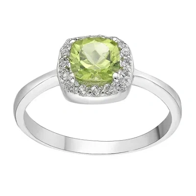 Fine Jewelry Cushion-cut Genuine Peridot And White Topaz Sterling Silver Ring In Green