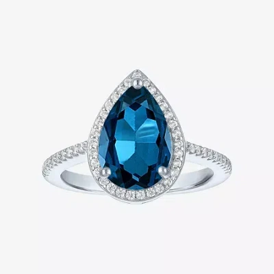 Fine Jewelry Womens Genuine Blue Topaz Sterling Silver Pear Halo Side Stone Cocktail Ring In Blue