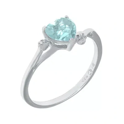 Fine Jewelry Simulated Aquamarine And Genuine White Topaz Sterling Silver Heart-shaped Ring In Blue