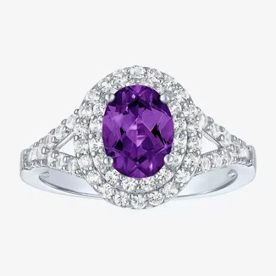 Fine Jewelry Gemstone And Lab-created White Sapphire Sterling Silver Oval Double Halo Cocktail Ring In Purple