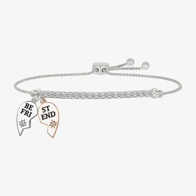 Fine Jewelry "best Friend" Womens Lab Created White Sapphire 10k Rose Gold Sterling Silver Heart Bolo Bracelet In Transparent
