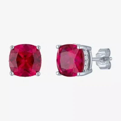 Fine Jewelry Lab Created Red Ruby Sterling Silver 7mm Cushion Stud Earrings In Transparent