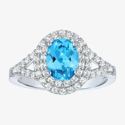 Fine Jewelry Gemstone And Lab-created White Sapphire Sterling Silver Oval Double Halo Cocktail Ring In Blue