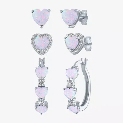 Fine Jewelry Gemstone Sterling Silver Heart 3 Pair Earring Set In Multi