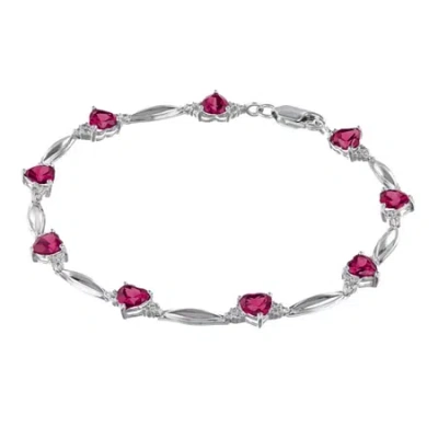 Fine Jewelry Lab-created Ruby Heart-shaped Sterling Silver Bracelet In Transparent