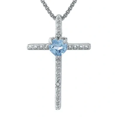 Fine Jewelry Simulated Aquamarine And Diamond-accent Sterling Silver Cross And Heart Pendant Necklace In Blue