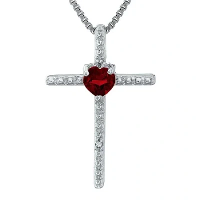 Fine Jewelry Genuine Garnet And Diamond-accent Sterling Silver Cross And Heart Pendant Necklace In Red