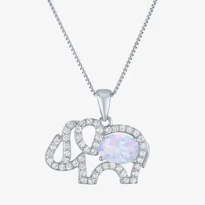 Fine Jewelry Womens Lab Created White Opal Sterling Silver Elephant Pendant Necklace In Transparent