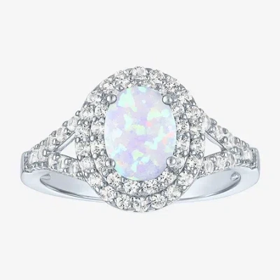 Fine Jewelry Gemstone And Lab-created White Sapphire Sterling Silver Oval Double Halo Cocktail Ring In Multi