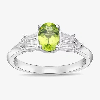Fine Jewelry Genuine Peridot & Lab-created White Sapphire Sterling Silver 3-stone Ring In Green