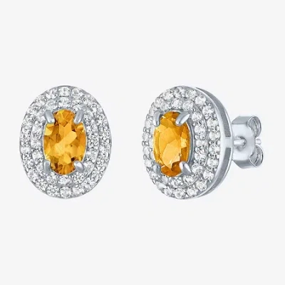 Fine Jewelry Gemstone & Lab-created White Sapphire Sterling Silver Oval Double Halo Stud Earrings In Yellow