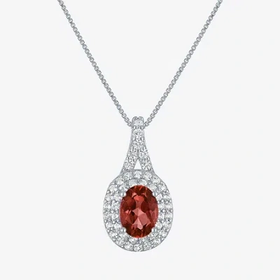 Fine Jewelry Gemstone & Lab-created White Sapphire Sterling Silver Halo Pendant Necklace In Burgundy