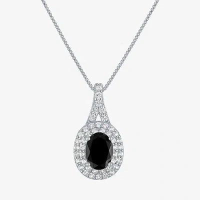 Fine Jewelry Gemstone & Lab-created White Sapphire Sterling Silver Halo Pendant Necklace In Black