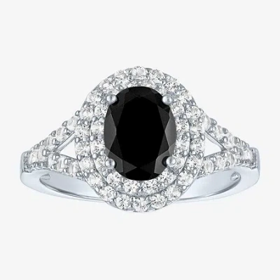 Fine Jewelry Gemstone And Lab-created White Sapphire Sterling Silver Oval Double Halo Cocktail Ring In Black