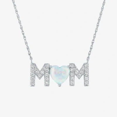 Fine Jewelry "mom" Womens Lab Created White Opal Sterling Silver Heart 18 Inch Pendant Necklace In Transparent