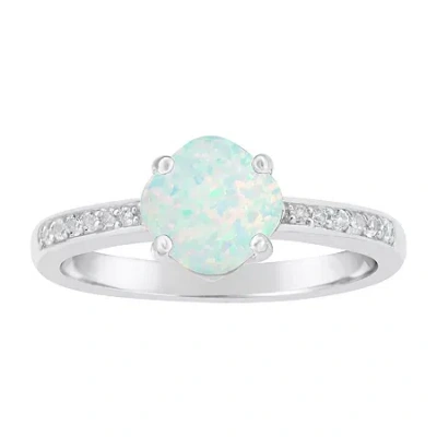 Fine Jewelry Womens Lab Created White Opal Sterling Silver Cushion Halo Side Stone Cocktail Ring In Transparent