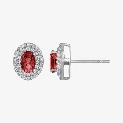 Fine Jewelry Gemstone & Lab-created White Sapphire Sterling Silver Oval Double Halo Stud Earrings In Burgundy