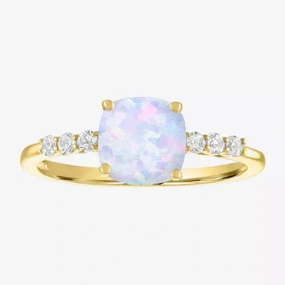 Fine Jewelry Womens Lab Created Gemstone 10k Gold Side Stone Solitaire Cushion Cocktail Ring In Multi