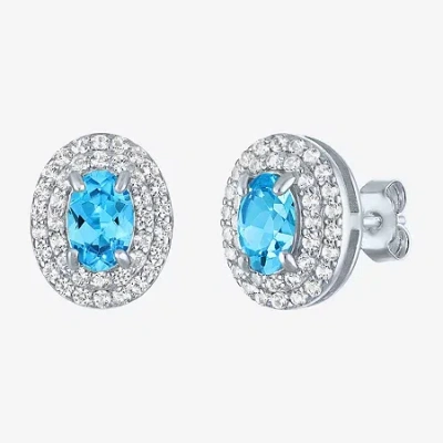 Fine Jewelry Gemstone & Lab-created White Sapphire Sterling Silver Oval Double Halo Stud Earrings In Blue