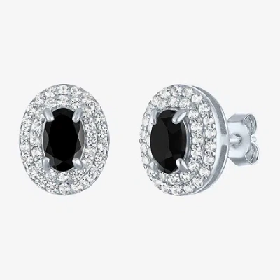 Fine Jewelry Gemstone & Lab-created White Sapphire Sterling Silver Oval Double Halo Stud Earrings In Black