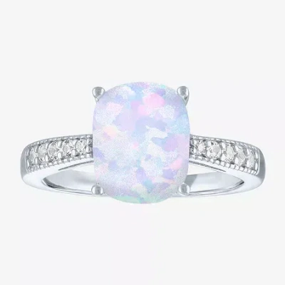 Fine Jewelry Womens Lab Created White Opal Sterling Silver Side Stone Solitaire Cocktail Ring In Transparent