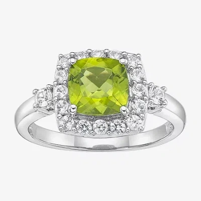 Fine Jewelry Womens Genuine Green Peridot Sterling Silver Cushion Halo Cocktail Ring In Green